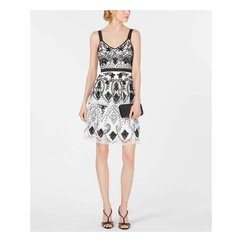 Nwt Adrianna Papell Womens Ivory Beaded Above The Knee Cocktail A-Line Dress 10